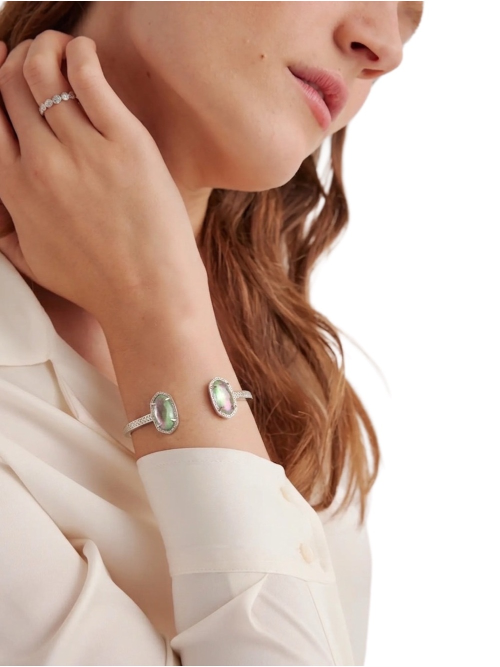 Kendra Scott Elton Cuff Bracelet Silver Rhodium Dichroic Glass Iridescent